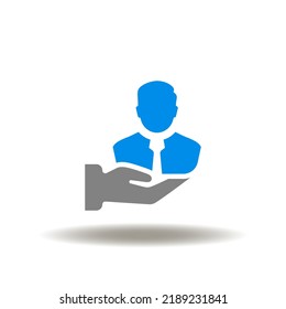 Vector Illustration Of Hand Holding Businessman Silhouette. Icon Of HR, Recruitment. Symbol Of EAP Employee Assistance Program.