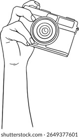 Ilustração vetorial de uma mão segurando uma câmera no alto. Linhagem simples em preto e branco para fotografia, viagens ou conceitos de hobby.