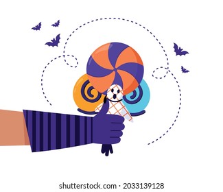 vector illustration of hand holding candies. Happy Halloween. Cute halloween candies with ghost. Halloween banner, invitation. Halloween party. White background