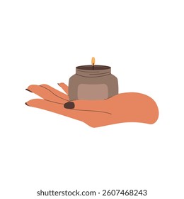 Vector illustration of a hand holding a candle. The concept of aromatherapy for relaxation.