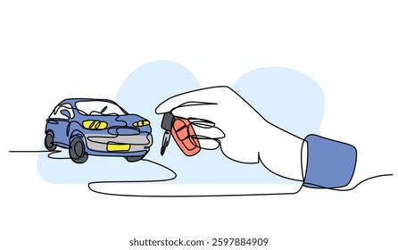 Vector illustration of hand holding car key and vehicle. Modern flat in continuous line style.