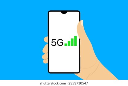 ilustración vectorial de una mano sosteniendo un teléfono celular mostrando señal de 5g