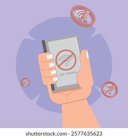 vector illustration of a hand holding a cell phone, no signal on his cell phone