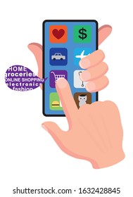 Vector illustration of hand holding cellphone and tapping apps