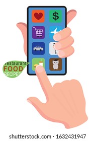 Vector illustration of hand holding cellphone and tapping apps