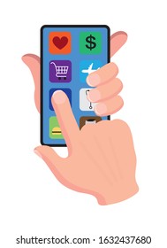 Vector illustration of hand holding cellphone and tapping apps