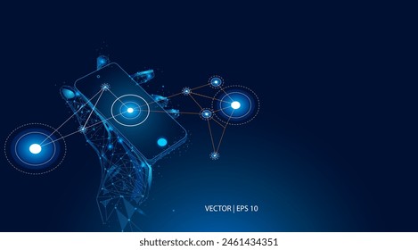 Ilustración vectorial. Una mano sostiene un teléfono celular que muestra gráficos conectados, formando tecnología moderna, big data y comunicación. Abstractas bajo poli moderno fondo