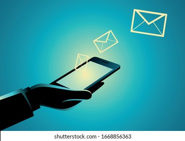 Vector illustration of hand holding cellular phone with email icons