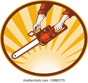 vector  illustration of a hand holding chainsaw with sunburst in background