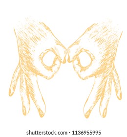 Vector illustration of a hand holding a character OK mask for a person doing out of hand