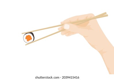 Vector illustration of hand holding chopsticks with sushi roll isolated on white background