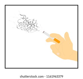 Vector illustration of hand holding a cigarette. Text "Death", "COPD" - Chronic obstructive pulmonary disease, "Cancer", "Erectile Disfunction", "Stroke" illustrated as smoke. Smoking harm concept.