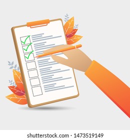 Vector illustration of hand holding clipboard with checklist and pencil.
to-do list and planning project. Marketing, Checklist, Business, Planning, busines concept, Vector