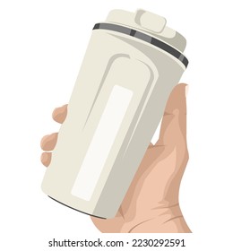 vector illustration of a hand holding a coffee cup or mineral water bottle in white and pink