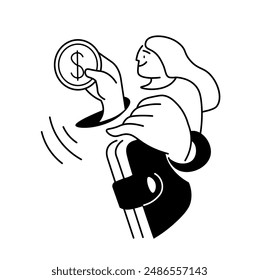 Vector illustration of a hand holding a coin and a woman in the background, isolated on white background.