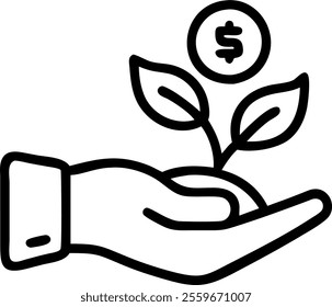 Vector illustration of a hand holding a coin with a plant growing from it representing investment growth. concept as A vector image showing a hand holding a coin sprouting a small plant symbolizing nu