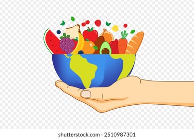 Ilustração vetorial de mão segurando frutas coloridas na terra sobre fundo transparente