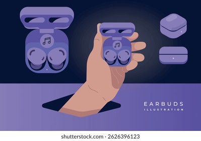 Vector Illustration of Hand Holding Colorful Wireless Earbuds in Charging Case – Modern Flat Style