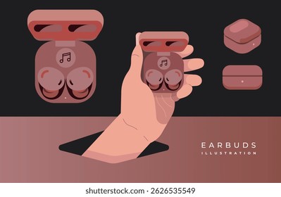 Vector Illustration of Hand Holding Colorful Wireless Earbuds in Charging Case – Modern Flat Style