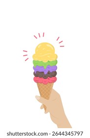 Vector illustration of a hand holding a colorful ice cream cone with five scoops. Bright, fun, and minimal style. Perfect for summer, sweets, and dessert themed designs.