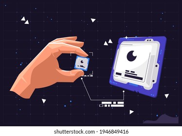 ilustración vectorial de una mano sosteniendo un chip de ordenador, diseño de interfaz futurista plano, cierre de un chip de ordenador