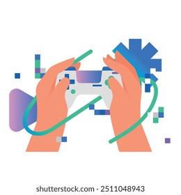 Vector illustration of a hand holding a console game machine for playing video games