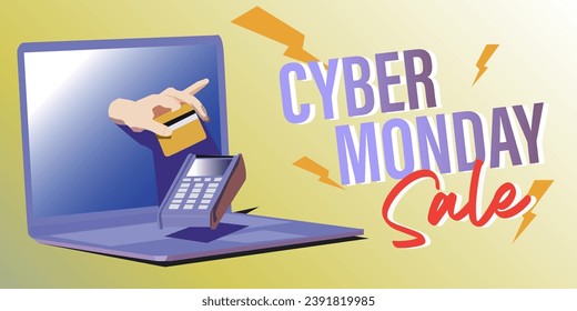 vector illustration of a hand holding a credit card emerging from the laptop screen to swipe the credit card payment machine in front of it celebrating the cyber monday sale