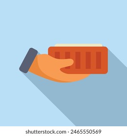 Vector illustration of a hand holding a credit card in flat design style, with a long shadow on a blue background