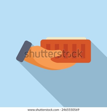 Vector illustration of a hand holding a credit card in flat design style, with a long shadow on a blue background