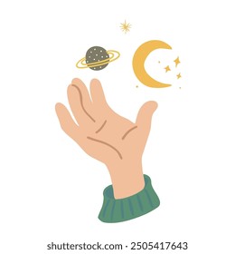 Vector illustration of a hand holding a crescent moon and stars. The icon of the Ramadan holiday. The concept of an astrological tarot for fortune telling.