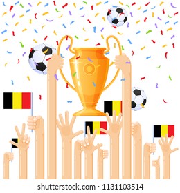 Vector illustration of a hand holding a cup above, many hands celebrating a victory against a confetti background