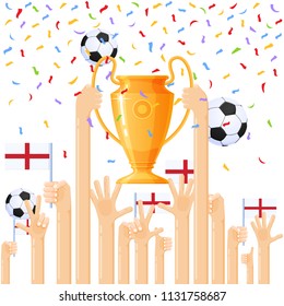 Vector illustration of a hand holding a cup above, many hands celebrating a victory against a confetti background