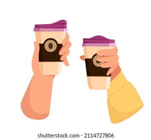 Vector illustration of hand holding cup of coffee to takeaway. Vector illustration in flat style