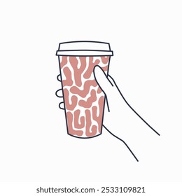 Ilustração vetorial de uma mão segurando uma xícara de café para levar. Ícone de copo de papel em estilo de linha isolado no plano de fundo branco. Padrão trendy abstrato.