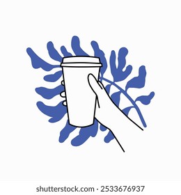  Vector illustration of a hand holding a cup of coffee to takeaway. Paper cup icon in line style. 
Abstract trendy pattern. Blue flower background.