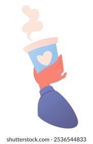 Vector illustration hand holding cup of coffee, tea or cocoa. Interface of applications that deal with delivery of coffee or drinks, menu design, advertising flyers or in content for social networks