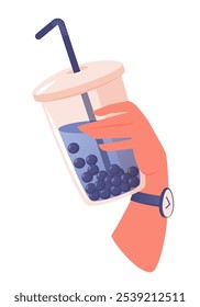 Ilustração vetorial de uma mão segurando uma xícara de chá de bolha. Interface de aplicativos que lidam com a entrega de café ou bebidas, design de cardápios, folhetos publicitários ou conteúdo para redes sociais