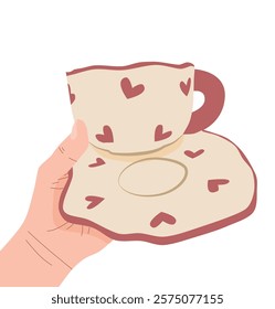 A vector illustration of a hand holding a cup with love patterns, symbolizing warmth, affection, and cozy moments, perfect for themes of romance, comfort, and everyday lifestyle.