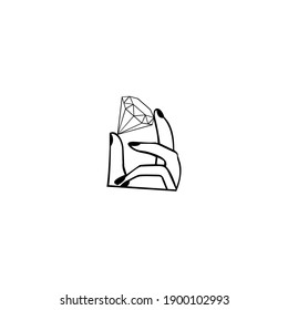 Ilustración vectorial de una mano sosteniendo un diamante. símbolos para cosméticos, joyas, productos de belleza.