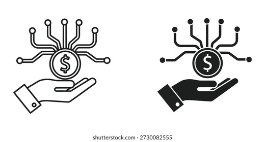 Ilustración vectorial de una mano que sostiene una moneda digital con múltiples conexiones de red, que simboliza las finanzas digitales y la criptomoneda.