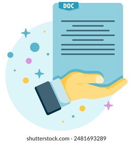 vector illustration of hand holding document, handing over documents and office data
