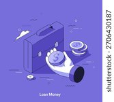 Vector illustration with Hand holding dollar coin next to briefcase and money stacks. Loan, debt or investment concept. Finance and business isometric in thin line style.