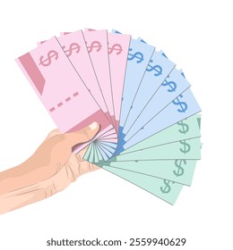 Vector illustration of hand holding dollar currency banknotes isolated on white background