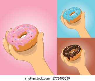 vector illustration of a Hand holding a donut with strawberry, blueberry and chocolate cream flavor variation