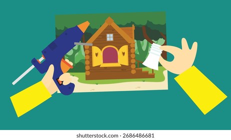 Ilustração vetorial de uma mão segurando uma broca e construindo uma casa.