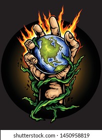 Vector Illustration of Hand Holding Earth with flame and vines