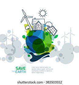 Vector illustration of hand holding earth with wind turbine, house, solar battery, bicycle and trees. Background for save earth day. Environmental, ecology, nature protection and pollution concept.