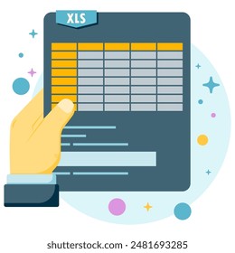 vector illustration of hand holding excel document, showing excel file, report data