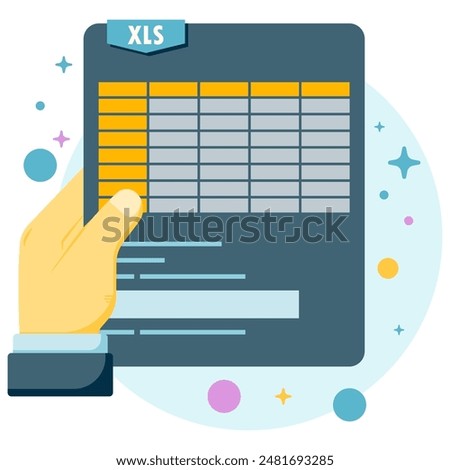 vector illustration of hand holding excel document, showing excel file, report data