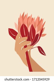 Vector Illustration Of Hand Holding Exotic Flower. Printable Trendy Postcard. 